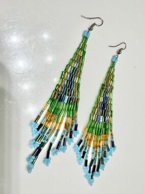 Handmade Green & Light Blue Beaded Fringe Earrings